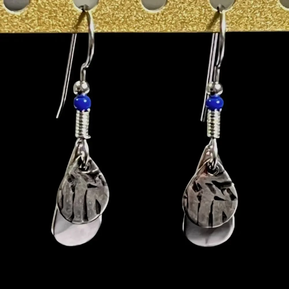 Teardrop Dangle Earrings Charms Silver Tone Animal Print Hooks Blue Bead Lure